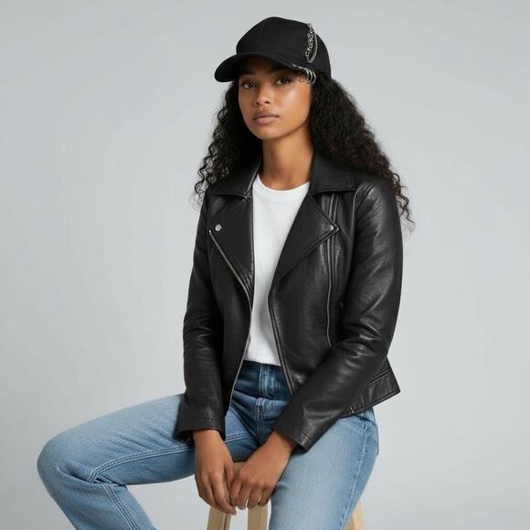 Black Punk-Style Baseball Cap w/ Silver Piercing Rings & Chains Detail. adjust. - Picture 6 of 6